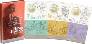 2022 HENRY LAWSON THREE COIN COLLECTION 50C UNCIRCULATED COINS IN FOLDER RAM - Bild 1 von 8