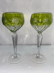 Pair Of Ajka Caroline Crystal Cut to Clear Lime Green 8-3/8” Wine Hock Stem - Picture 1 of 5