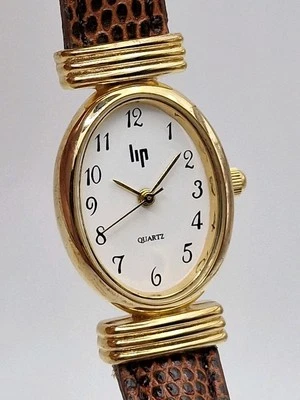 Винтажные женские золотые кварцевые часы Montres с губами белый циферблат - коричневый кожаный ремешок - Изображение 1 из 4