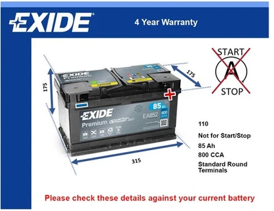 Car Battery EA852 Exide 110 800A 85Ah 4Yr Warranty 315x175x175 Premium - Image 1 of 4