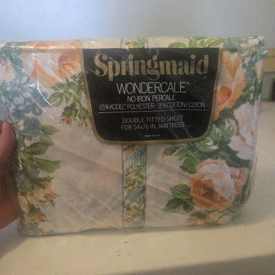 Springmaid Wondercale No Iron Pink Rose Floral Double Fitted Sheet Made In USA - Image 1 of 4