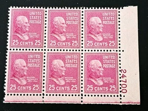US STAMP BLOCK (6) William MCKINLEY 1938 25c SC#829 (PREXIE) PL.24700 MNHOG!! - Picture 1 of 2