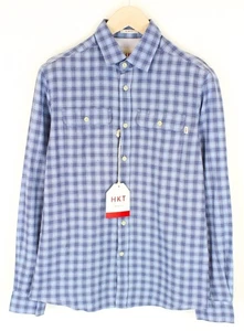 HACKETT Mens Shirt S Mid-Blue Checkered Slim Linen Cotton Button-Up Melange * - Picture 1 of 10