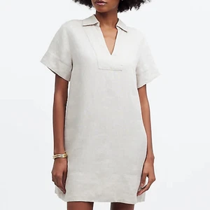 Madewell V Neck Mini Dress 100% Linen Natural Undyed Beige Pockets XS NWT - Picture 1 of 13