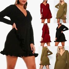 Womens Ruffle Wrap Over Frill Stretchy Ladies Plunge V Neck Bodycon Mini Dress