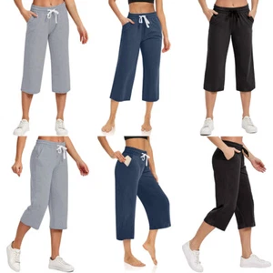 Women Capri Pants Casual Loose Joggers Wide Leg Crop Drawstring Yoga Sweatpants^ - Picture 1 of 15