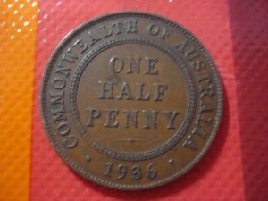 1936 Australian Predecimal Coin. KGV (1/2) Half Penny. x 1 Coin Ungraded - Picture 1 of 2
