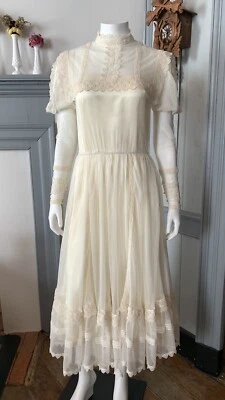 Jessica McClintock Blanco Red Encaje Años 70 Vestido Vestido Conjunto 11/12 L Boda Eduardiano Foto 1 de 4