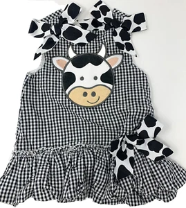 Mud Pie Baby Girls 0-6 Months Black and White Gingham Cow Appliqué Ruffle Dress - Picture 1 of 6