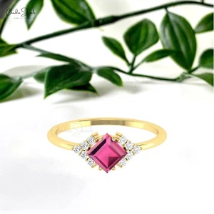 14k Solid Gold Real 0.60 CT Square Cut Tourmaline Half Halo Diamond Wedding Ring - Picture 1 of 26