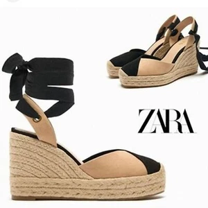 Zara Espadrille Wedge Sandals Black Tan Ankle Tie Wrap Platform Heels Size - Picture 1 of 9