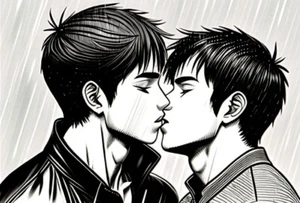 Drawing of two men kissing in the rain black and white AI cartoon style 4x6 - Picture 1 of 1
