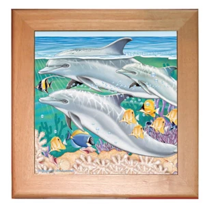 Dolphin Kitchen Ceramic Trivet Framed in Pine 8" x 8" - Picture 1 of 1