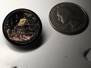 Antique Black Glass Etched Button Cabin in the Woods Gold Iridescence Half Shank - Picture 1 of 7