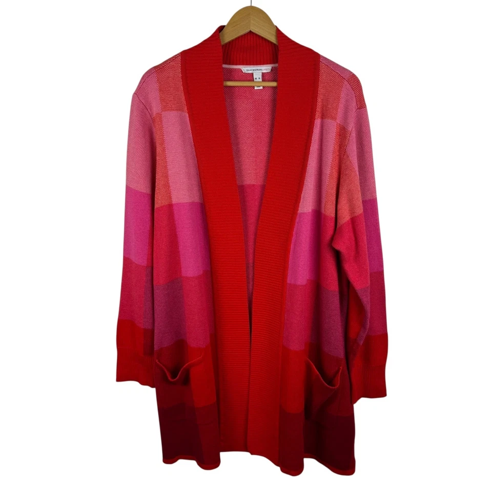Isaac Mizrahi Live! Plaid Colorblock Cardigan Size XL Pink Red Open Sweater Knit - Image 1 of 4