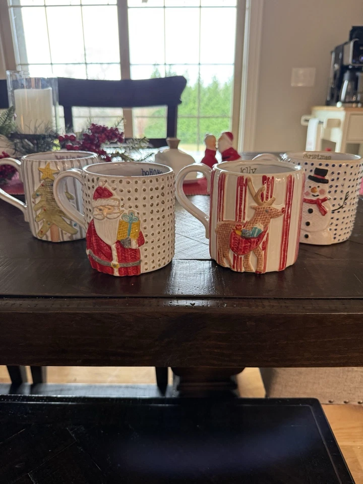 Грязь пирог рождественские кружки, 16 унций, набор из 4! Санта, снеговик, северный олень, дерево - Изображение 1 из 4