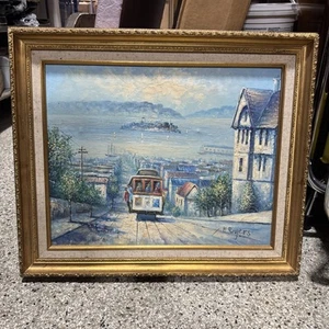 "Pintura al óleo sobre lienzo H Rogers teleférico de San Francisco y prisión de Alcatraz 24""" - Imagen 1 de 12