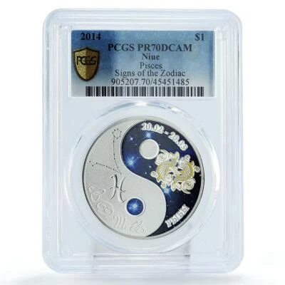 Niue 1 dollar Zodiac Signs series Pisces PR70 PCGS colored silver coin 2014 - Image 1 of 2