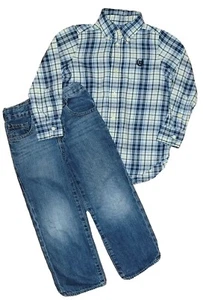 Chaps Size 4 Blue Plaid Button Down Shirt & Light Wash Straight Leg Jeans Outfit - Picture 1 of 3