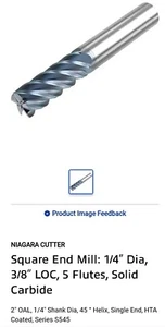 Niagara Square End Mill: 1/4″ Dia, 3/8″ LOC, 5 FL, Solid Carbide EDP N61991 - Picture 1 of 2