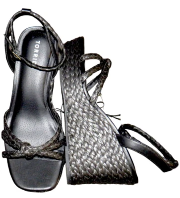 Torrid Black Strappy Braided Raffia Look Platform Wedge Sandals Size 12 WW - Image 1 of 4