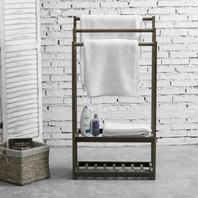 3-Tier Vintage Gray Wood Towel Rack w/ 2 Bottom Storage Shelves, Blanket Holder - Image 1 of 4