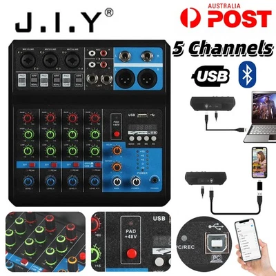 JIY 5 Channel Audio Mixer Bluetooth Sound Console DJ Live Mixing Record PC USB - Image 1 of 4