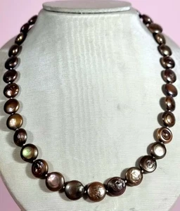 Vintage Bronze Freshwater Coin Pearl Necklace 44cm Hand Knotted Rose Clasp - Bild 1 von 6