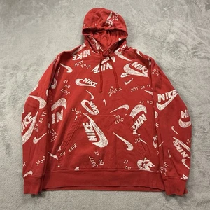 Nike Just Do It Scribble Hoodie Men's L Red Fleece Pullover All over Print - Picture 1 of 6