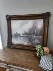 Large Vintage Syroco 3331 Ornate Frame Nautical Seascape Artwork Blue Gray Boat - Picture 1 of 8
