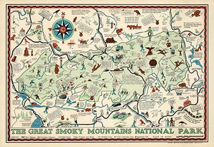 Frühe Karte Great Smoky Mountains Nationalpark GSMNP Wandbild Poster Druck Dekor - Bild 1 von 2