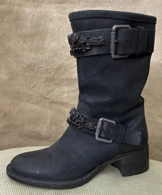 Vera Wang MOTO Cuero Negro Botines Cristal GEMA HEBILLA Correa RESISTENTE Motociclista 5 Foto 1 de 4
