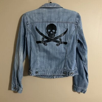 Chaqueta vaquera INC para mujer pequeña de cuero negra con botones delanteros Foto 1 de 4