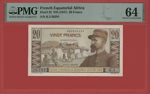 FRENCH EQUATORIAL AFRICA 20 FRANCS 1947 PICK # 22 PMG 64 CHOICE UNCIRCULATED. - Picture 1 of 2