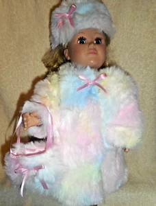 18 doll clothes fits American girl, rainbow fur coat, hat and purse-fully lined - Picture 1 of 6