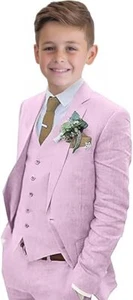 Boys Linen Suit 3 Piece Slim Fit Formal Suit Set Summer Wedding Suit Kids Tuxedo - Picture 1 of 31