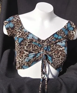 Blau Schmetterling Katze Print Stretch Mesh Cropped Top Rue 21 S T1141 - Bild 1 von 6