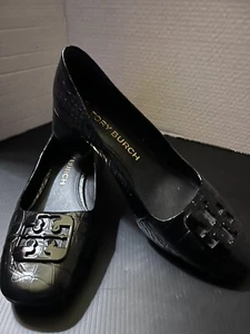 Tory Burch Black Patent Faux Croc Slip on Shoe Size 9 1/2M LOGO Leather Georgia - Picture 1 of 13