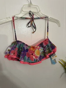 California Waves S Hot Pink Floral Bikini Top NWT Ruffles - Picture 1 of 5