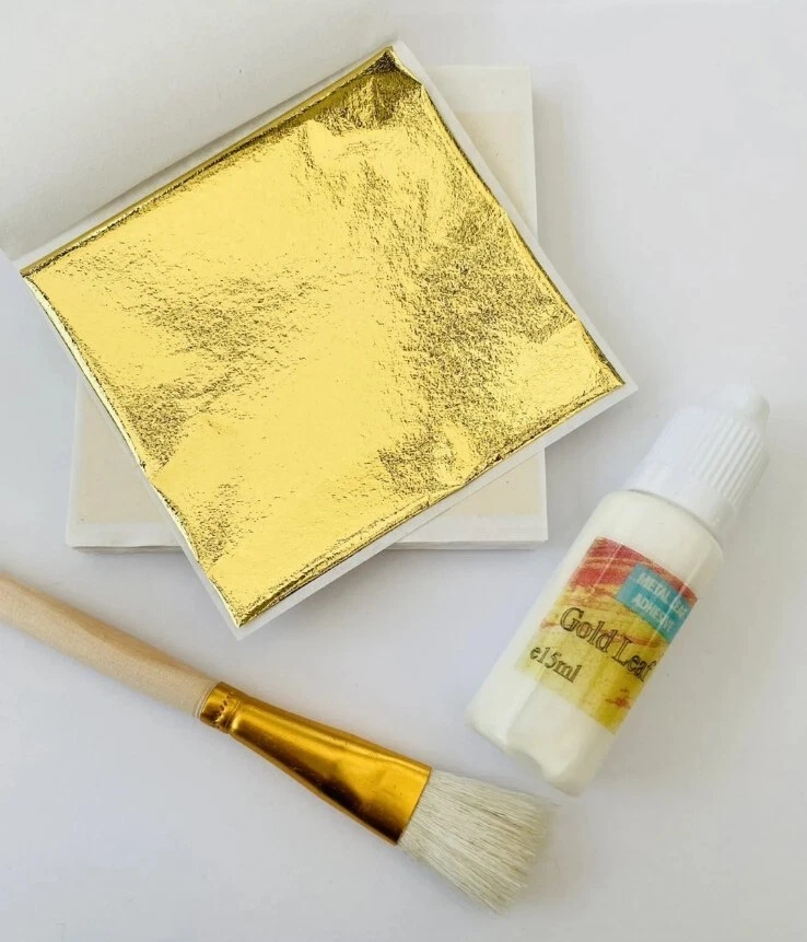 Gold Leaf Craft Pack Kit - 50 Sheets 8x8cm Gold Leaf, 30ml Adhesive & 2 Brushes