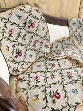 Vintage French PAIR TAPESTRY cotton chair covers floral bouquets c1950