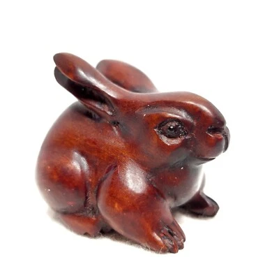 Red Boxwood Hand Carved Japanese Netsuke Lovely Long Ears Rabbit Laying Down - Image 1 of 4