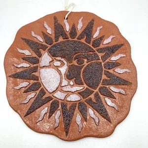 Art Pottery Redware Sun Face Garden Plaque Wall Hanging Textured Folk 10" Signed - Picture 1 of 8