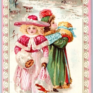 c1890er niedliche viktorianische kleine Mädchen bauschige Handwärmer Sammelkarte Schnee Winter C35 - Bild 1 von 3