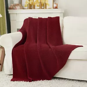 THROW BLANKET Chunky Cable Knit Burgundy 51” x 63” LONGHUI BEDDING - Picture 1 of 7