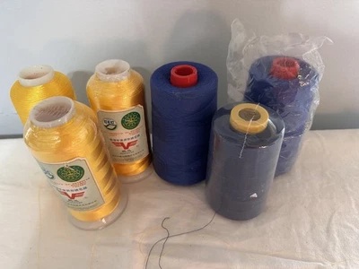 Lot of 6 Spools Sewing Thread All Purpose Spun Polyester  Cone dark blue/ yellow - Image 1 of 4