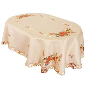 Embroidered Fall Autumn Harvest Pumpkins Tablecloth for Thanksgiving (Oval 52... - Picture 1 of 5