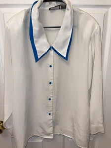 Vintage 80er Liz Baker Bluse weiß mit türkisen Akzenten Gr. 22 W Polyester - Bild 1 von 6