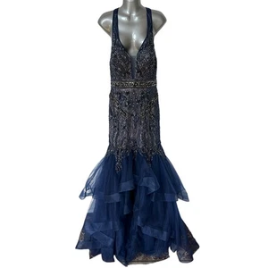 Vestido Formal Jovani Azul Marino Cuentas Lentejuelas Vestido Largo Sin Mangas Para Mujer Talla 10 - Imagen 1 de 14