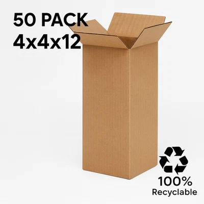 50 Kraft Shipping Boxes 4x4x12 – Corrugated Cartons, Ships Flat, Recyclable - Image 1 of 4